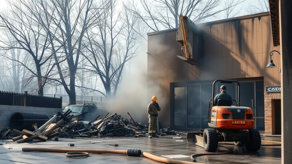 Fire-damaged outdoor area being restored, with heavy machinery and workers actively removing debris and smoke-affected materials.