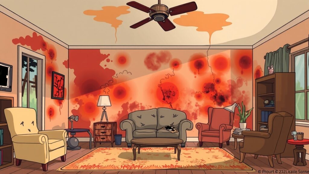 Discoloration in Fire-Damaged Interiors: A colorful cartoon image depicting a living room with walls showing various shades of charred and stained areas due to smoke, with visible furniture items like burnt chairs and discolored curtains.