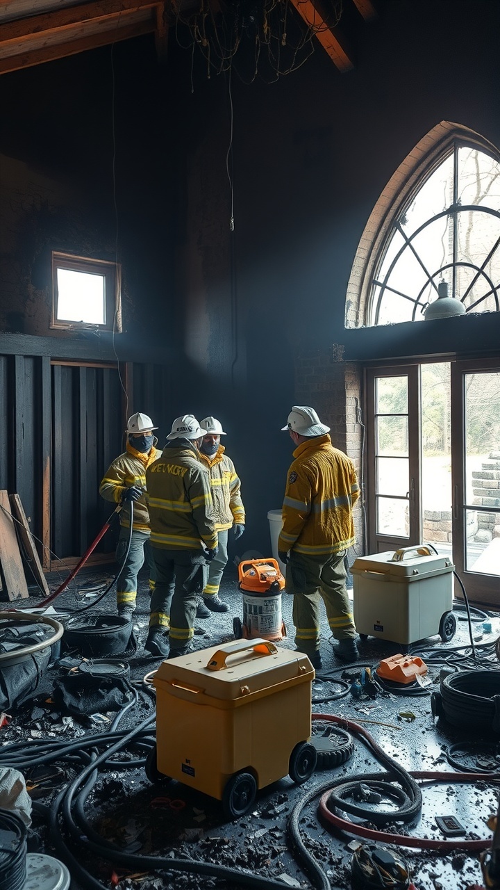 A team of professionals in protective gear conducting an assessment of a fire-damaged home in Australia, showing extensive soot and charred walls, with equipment spread around for remediation.