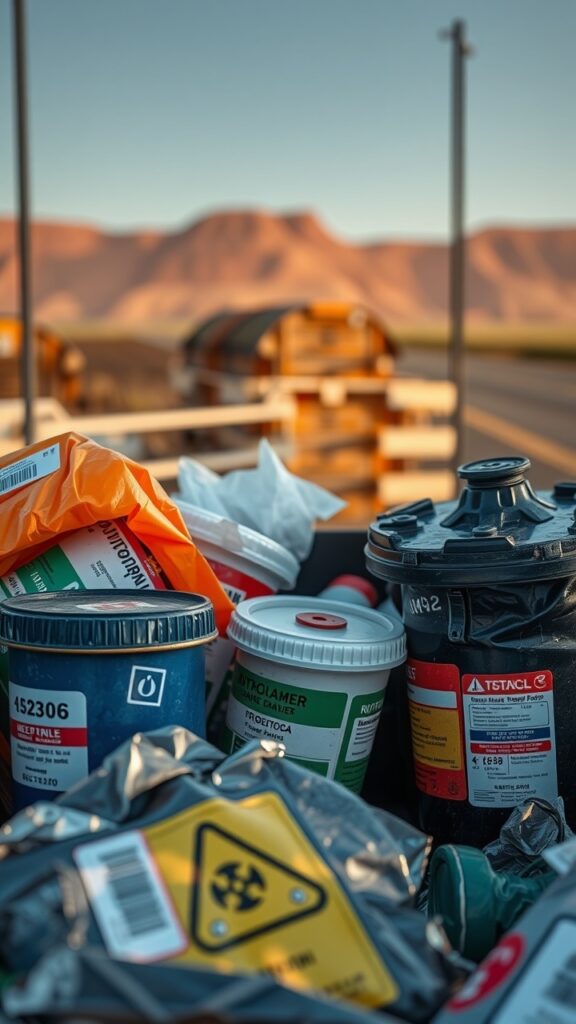 A close-up image of hazardous materials being safely sorted and disposed of, with clear labels and strict safety protocols reflected in the background, set against an Australian landscape.