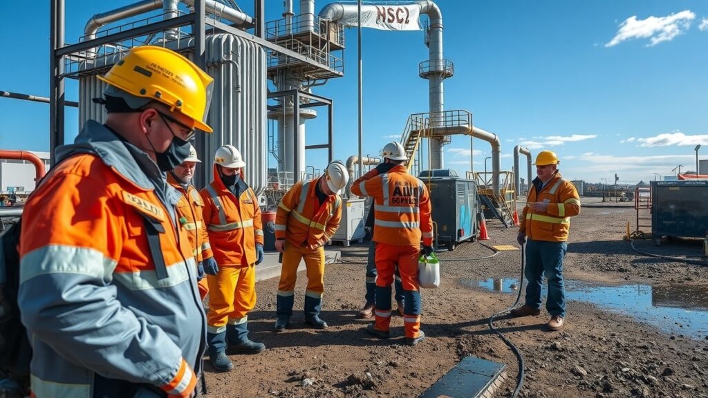 A team of environmental specialists in Australia conducting a hazardous materials spill response drill at a facility, illustrating preparedness and training.
