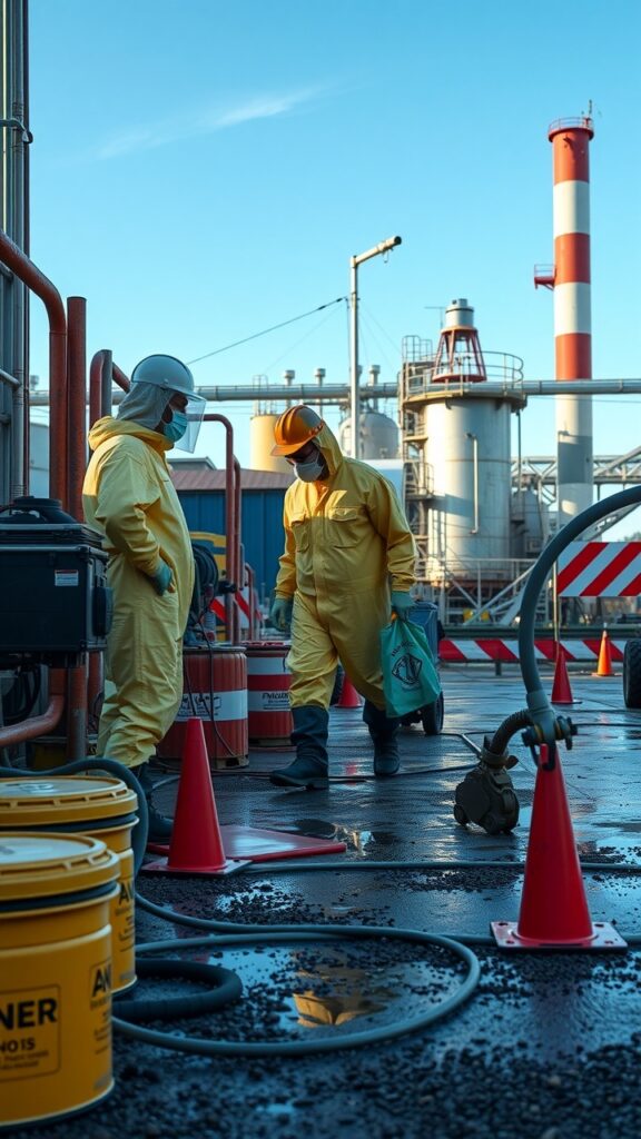 A team of specialists in protective gear conducting a hazardous materials cleanup at an industrial site in Australia, surrounded by safety equipment and containment barriers.