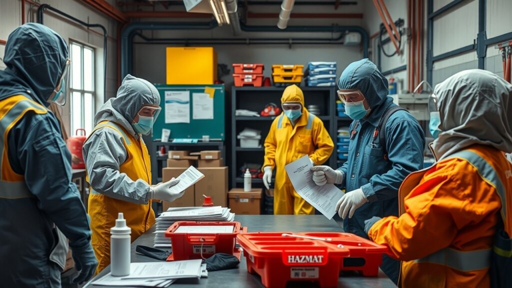 A detailed collage of various tools required for asbestos testing and removal, including sampling kits, air quality monitors, and disposal containers, against a clean white background.