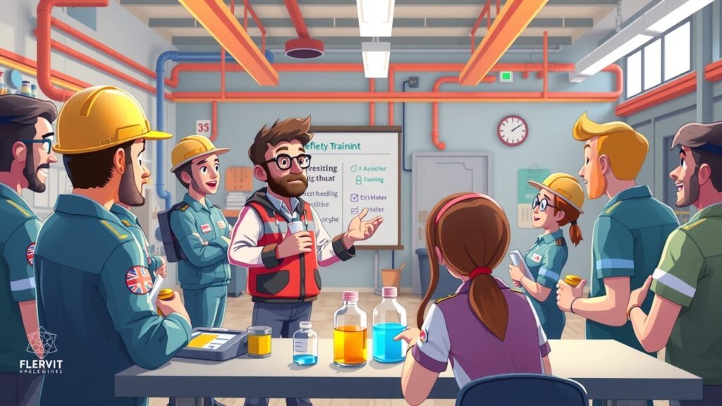 A vibrant cartoon illustration of characters dressed in safety gear while discussing asbestos removal techniques in a bright workshop full of tools and equipment.