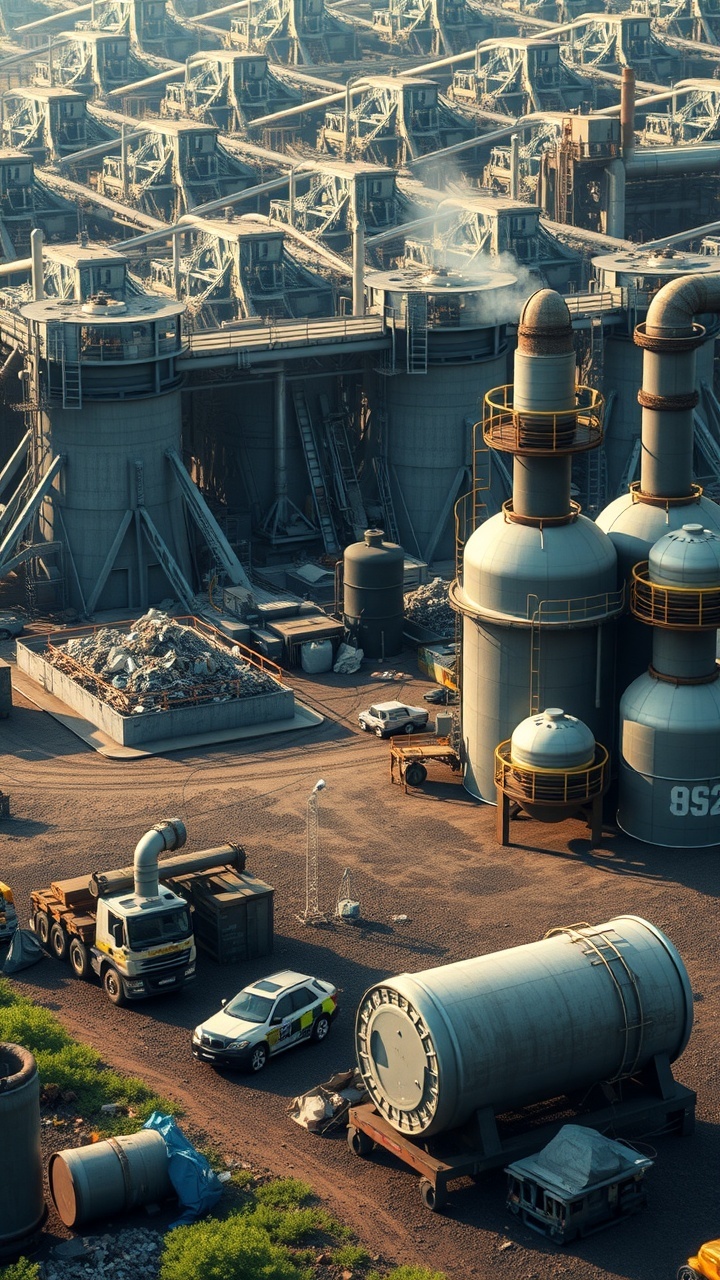 A detailed scene depicting a waste disposal facility in Australia, highlighting environmental protections and state-of-the-art processing methods for hazardous waste.