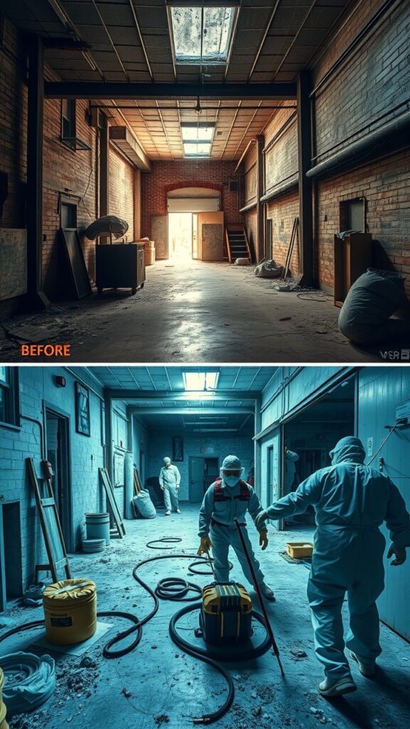 A side-by-side comparison of a contaminated commercial property before and after asbestos remediation. Visual details of the clean-up process showcasing tools and protective gear in action.