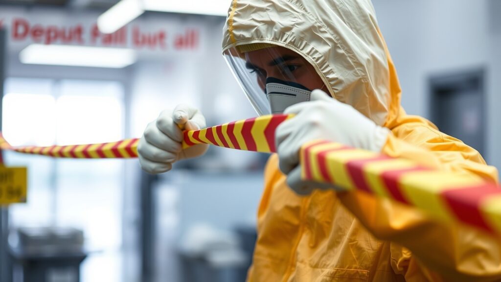 A close-up of a worker in a hazmat suit sealing off a designated contaminated area, showcasing the meticulous process of containment and safety precautions.