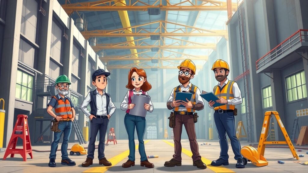 A vibrant cartoon scene showcasing a construction site in urban Australia, featuring cranes and workers implementing earth-retaining structures for a new building project.