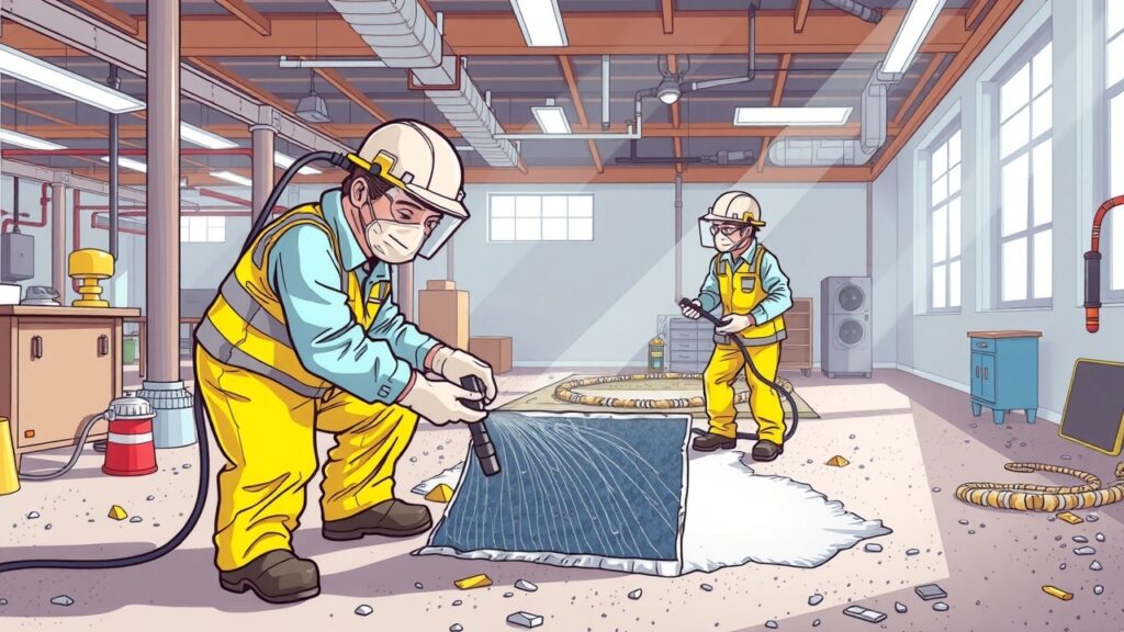 A cheerful cartoon image of technicians applying an encapsulation treatment to an asbestos surface in a bright industrial setting, emphasizing protective gear and a professional approach to safety.