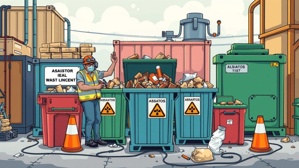 A colorful cartoon depicting workers safely disposing of asbestos materials in clearly labeled containers at a waste management facility, with a focus on environmental responsibility and safety measures.