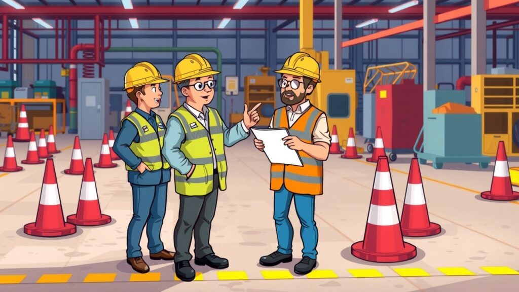 A vibrant cartoon illustration depicting experts in hard hats conducting a site assessment on a factory floor, pointing out areas of concern with safety cones and equipment in the background.