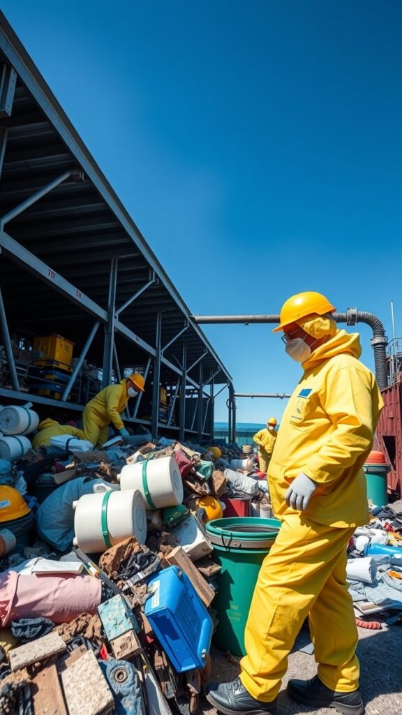 A hazardous waste disposal facility with workers in full PPE sorting and managing various types of hazardous materials, set against a clear blue sky in Australia.