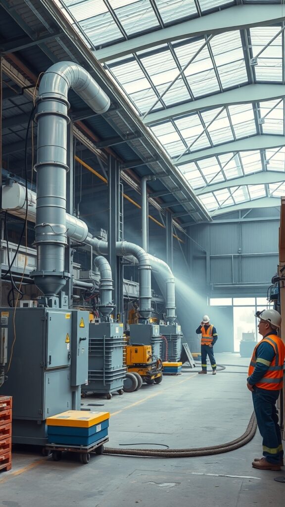 An industrial workshop displaying advanced silica dust extraction systems in action, highlighting the equipment and technicians monitoring air quality.