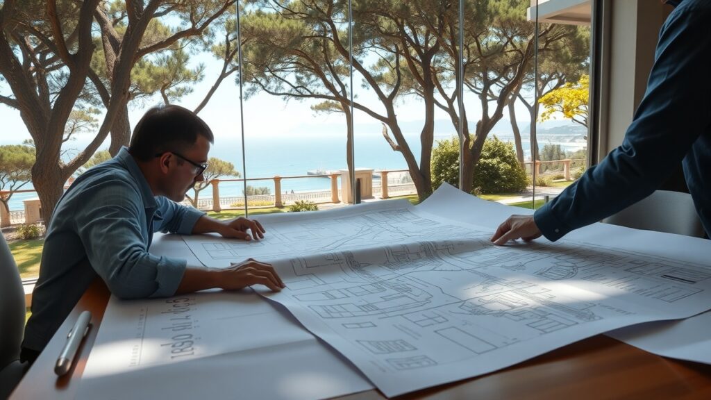 A close-up shot of blueprints spread across a table, with civil engineers discussing plans for a new public park, surrounded by trees and the coastline visible through a window.