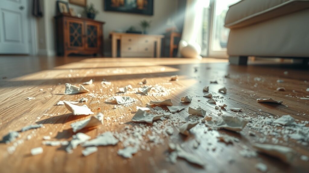 A close-up of lead paint chips on a wooden floor, with a bright sunlight beam highlighting the dust and debris in a residential living room setting.