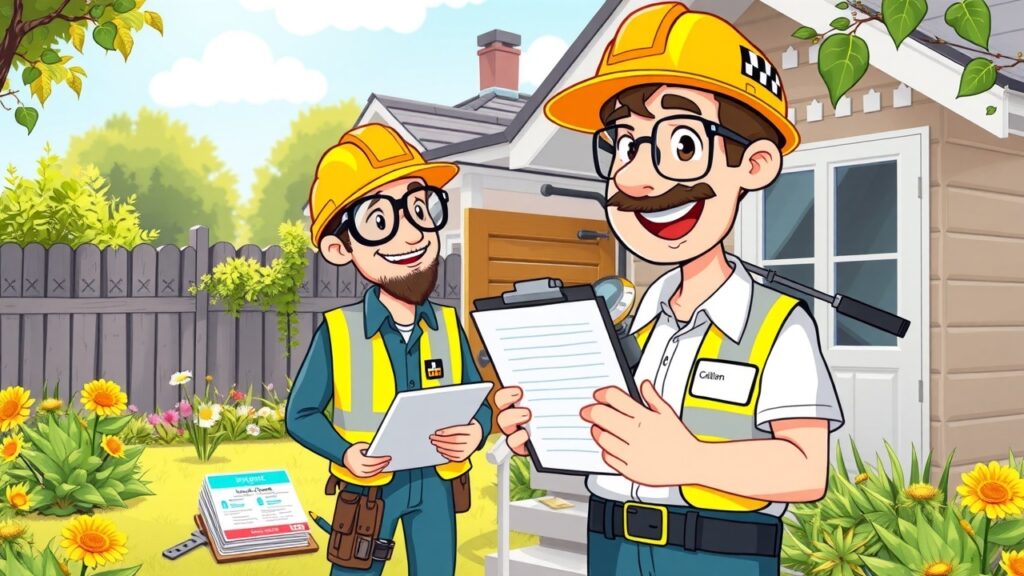 A colorful cartoon image depicting a cheerful inspector wearing safety gear, examining a house for lead paint. Various tools like a clipboard, magnifying glass, and lead testing kits are visible, set against a sunny Australian backyard with flowers and a fence.