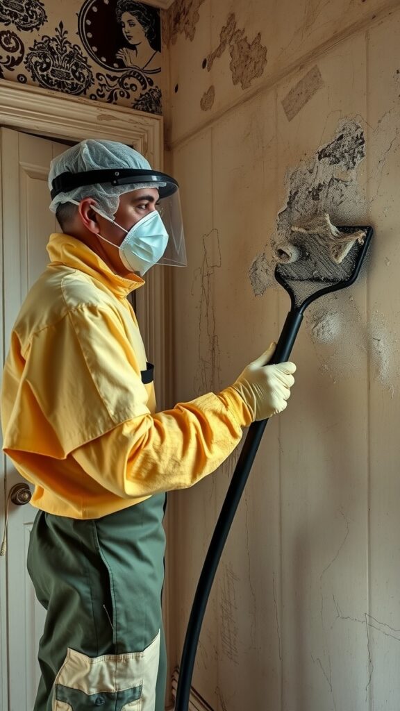 A technician wearing protective gear scrubbing walls in an old Australian home, with visible lead paint layers peeling off, showcasing the dust created during the removal process.