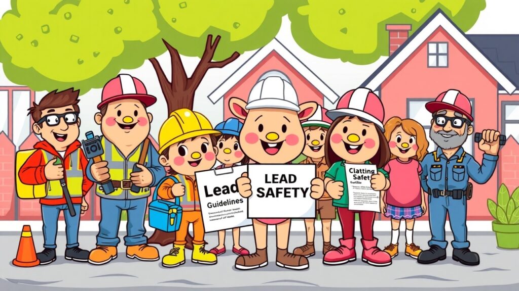 A colorful cartoon image illustrating a group of friendly mascots holding safety equipment and guidelines in a cheerful community setting, emphasizing safety awareness around lead paint in Australia.
