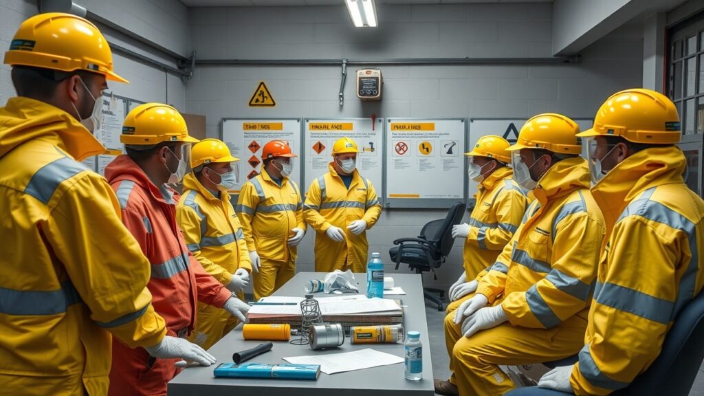 A training session in progress for workers on proper hazmat handling techniques, with posters and visual aids in the background. This emphasizes education and workforce readiness in Australia.