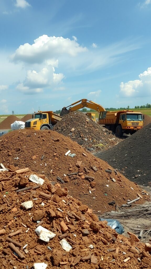 A landfill site specializing in hazardous waste, showing piles of contaminated soil being safely disposed of, with machinery and workers in action.