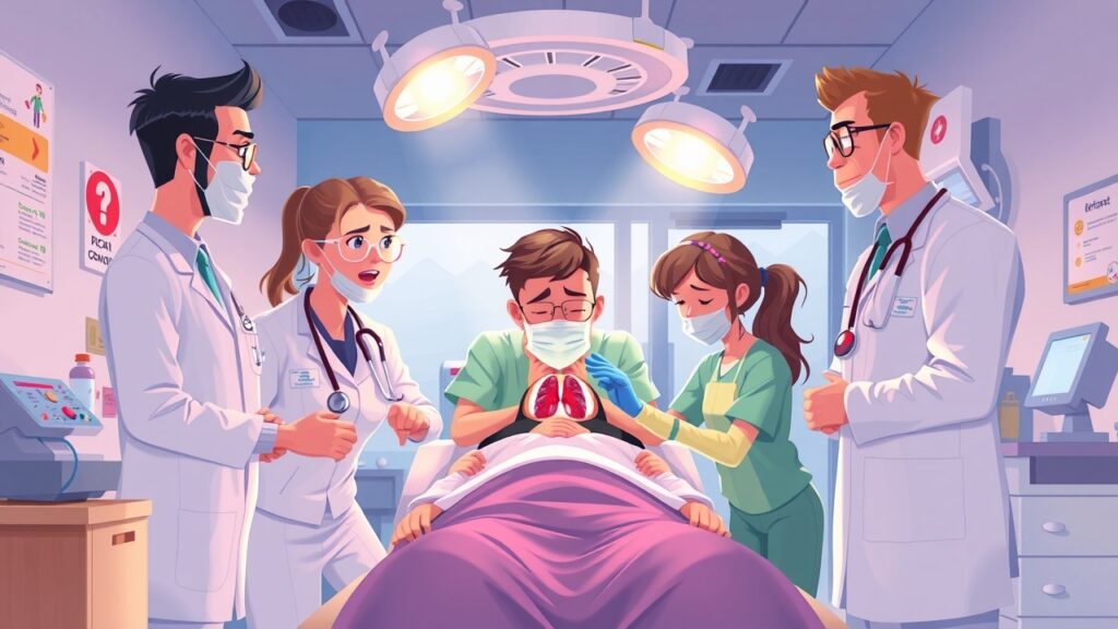 Animated illustration of an emergency room, showing medical personnel treating someone suffering from breathing problems. Use a lively color palette to convey urgency and care.