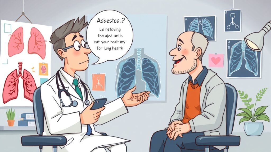 An engaging image of various respiratory issues illustrated as colorful characters, explaining asbestosis and other conditions caused by asbestos exposure.