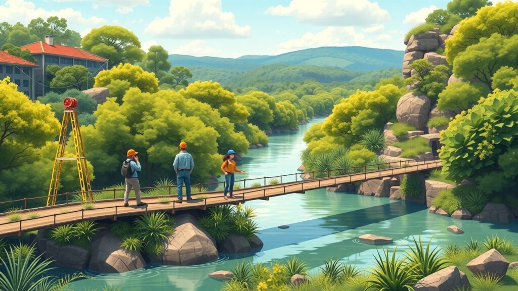 A colorful cartoon image depicting a group of engineers collaboratively designing a sustainable bridge over a river in Australia, surrounded by lush greenery.