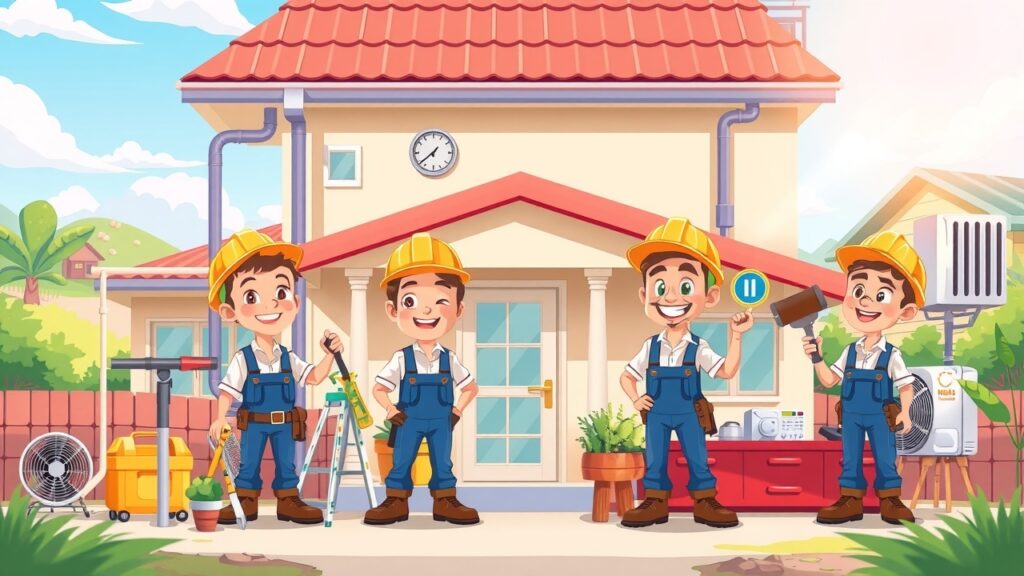 An engaging cartoon illustrating a family working together to ventilate their home, with open windows and a sunny day outside, showcasing plants and air purifiers while smiling at the clean, fresh environment.