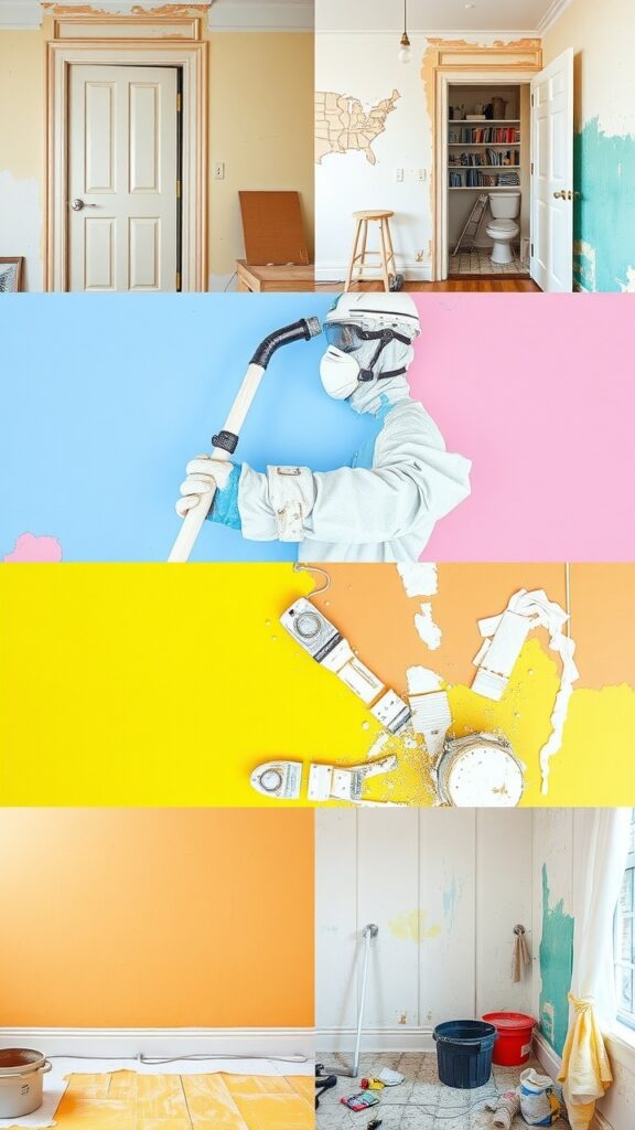 A technician wearing protective gear scrubbing walls in an old Australian home, with visible lead paint layers peeling off, showcasing the dust created during the removal process.