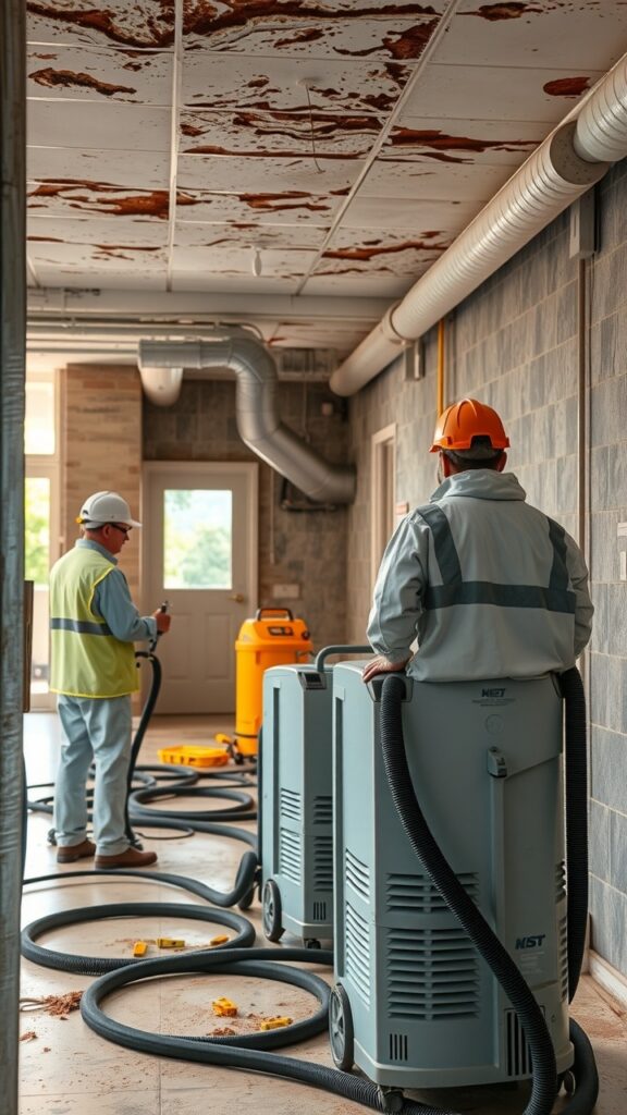 A professional mould removal team using high-efficiency particulate air (HEPA) vacuums and dehumidifiers inside a commercial property, with safety equipment and procedures clearly displayed for a clean and safe work environment.