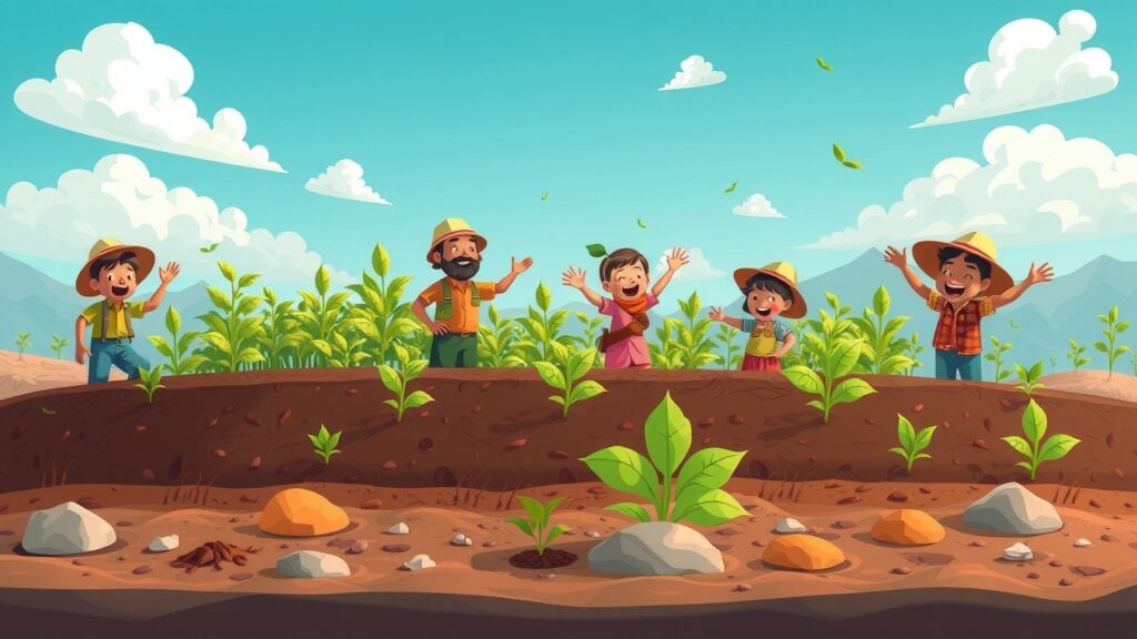 A colorful cartoon visualization comparing traditional and innovative soil remediation techniques, using cartoon versions of excavators, bioremediation methods, and other tools side by side.