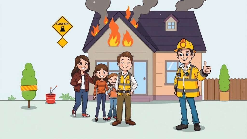 A colorful cartoon depicting a family safely assessing their home after a fire, with exaggerated caution signs and a cheerful inspector giving thumbs-up, emphasizing safety in fire-damage recovery.