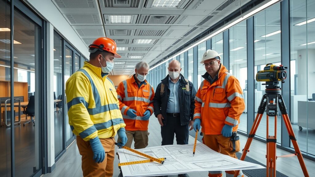 A team of licensed professionals conducting a thorough inspection of an office building, with detailed blueprints and measuring equipment around them. The focus is on teamwork and expertise in hazmat situations.