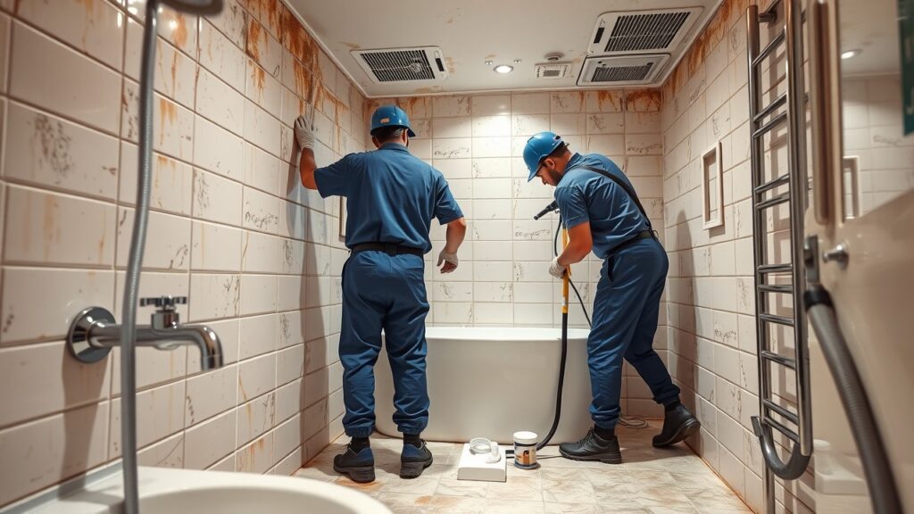 A detailed scene of mould removal technicians deep-cleaning a residential bathroom, focusing on tiles, grout, and ventilation systems.