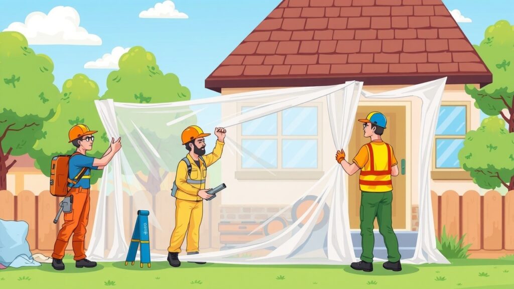 A vibrant cartoon showing a group of friendly workers installing plastic sheeting and tape to contain mould spores in a residential area, with playful background elements like trees and a clear blue sky.