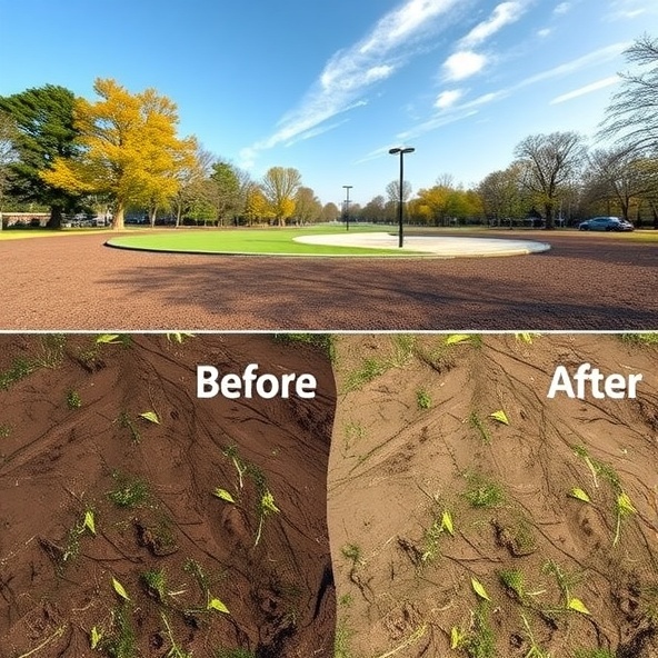 Before-and-after comparison images of a park undergoing soil remediation, highlighting the transformation from contaminated land to a safe recreational area.