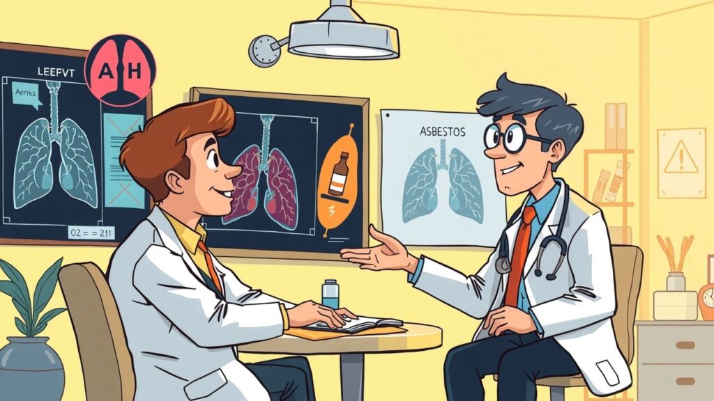 A lively cartoon showing a doctor discussing the effects of asbestos exposure on lung health with a patient, surrounded by visual aids like lungs and x-rays.