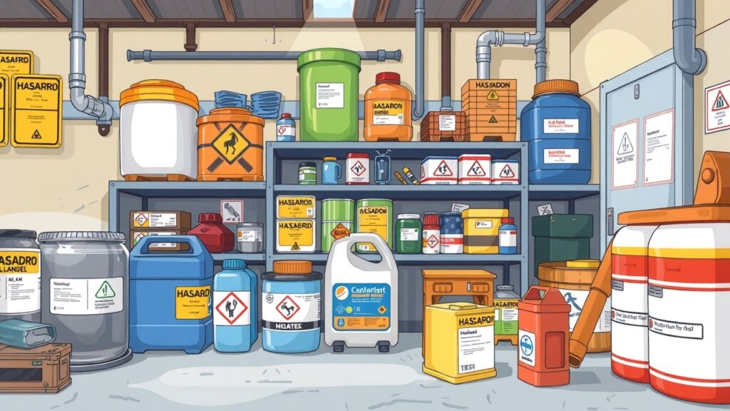 Cartoon depiction of various types of hazardous materials being handled safely in a facility, showcasing proper storage and labeling practic