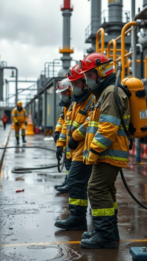 A risk assessment meeting in an office setting within an Australian facility, featuring professionals engaged in discussions over hazardous materials management strategies.