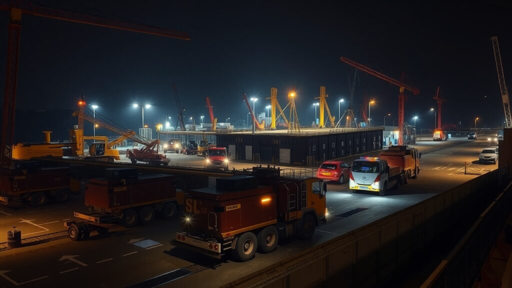 A nighttime scene of a bustling construction zone with illuminated machinery, showing the progress of a public transportation terminal under construction near Batemans Bay.