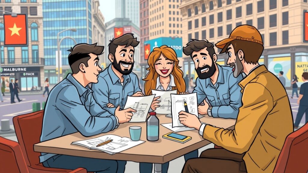 A fun cartoon featuring a group of diverse engineers brainstorming over coffee with sketches of construction designs, set against a backdrop of bustling city life in Melbourne.