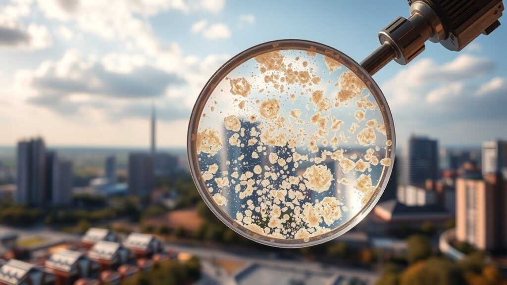 A visual representation of silica dust particles, magnified under a microscope, against a backdrop of an Australian landscape or urban setting, symbolizing the need for management services.