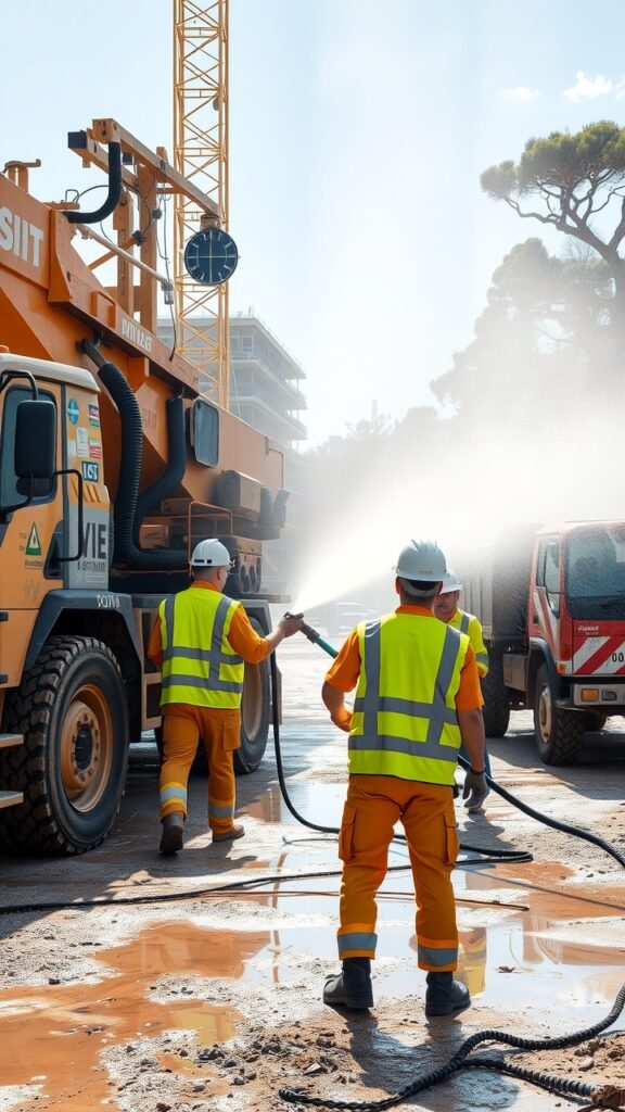 A construction site in Australia with workers using water suppression methods to control silica dust, showcasing machinery, safety gear, and surrounding environment.