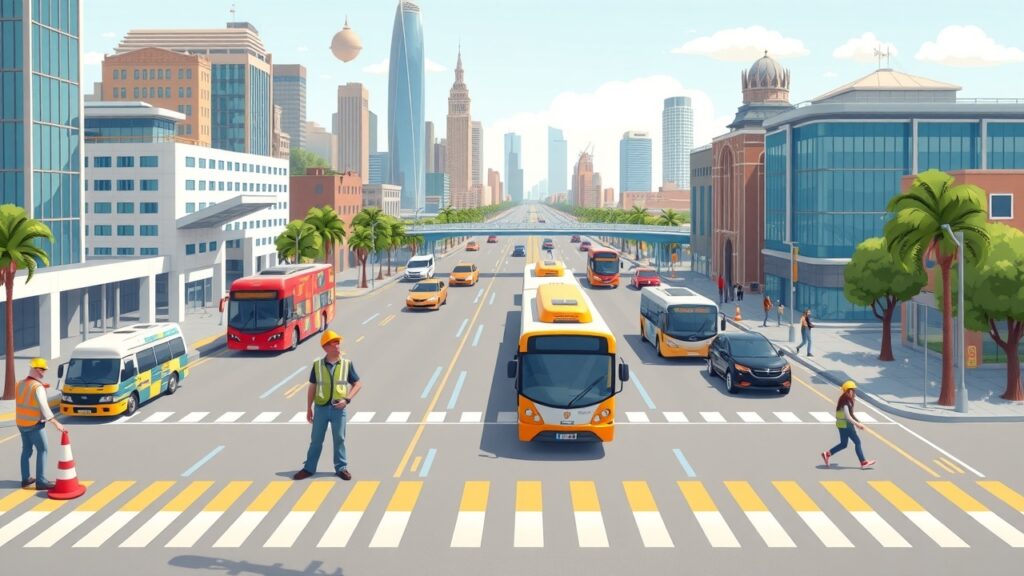 A fun cartoon image illustrating engineers working on smart traffic systems in a city, with colorful vehicles and pedestrian-friendly designs around Australian landmarks.