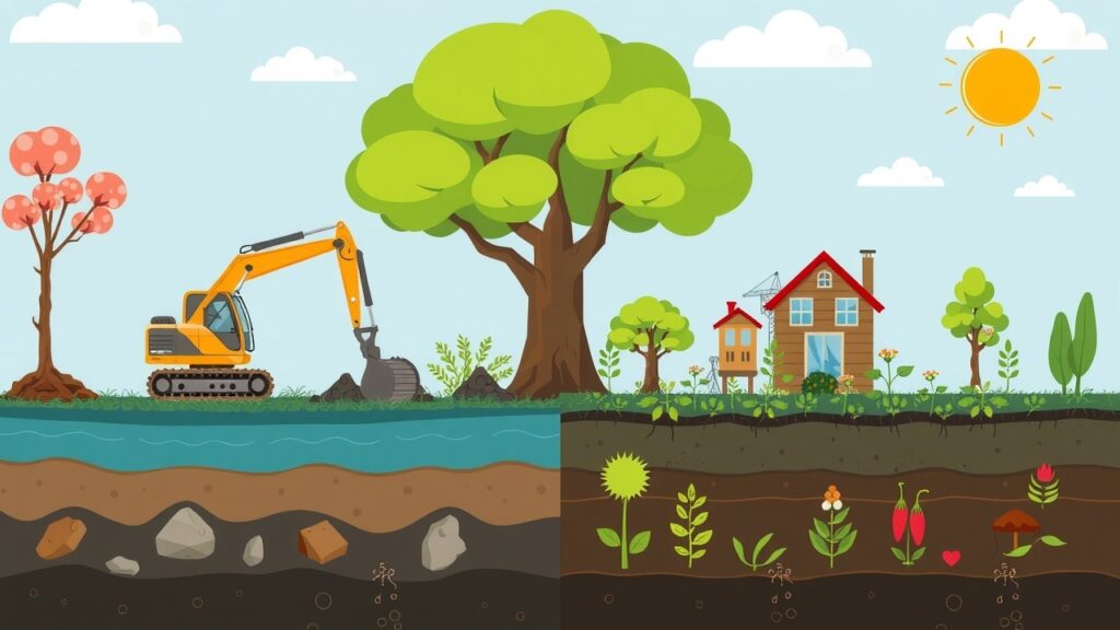 A colorful cartoon visualization comparing traditional and innovative soil remediation techniques, using cartoon versions of excavators, bioremediation methods, and other tools side by side.