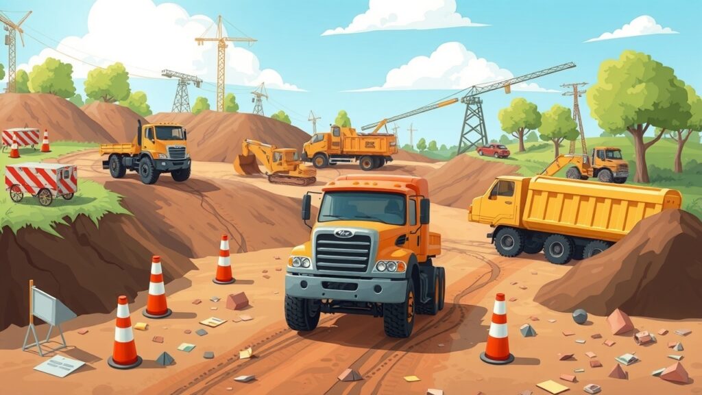 A bright cartoon depiction of a construction site showing different trucks and equipment navigating through obstacles, illustrating site accessibility challenges for soil remediation projects.