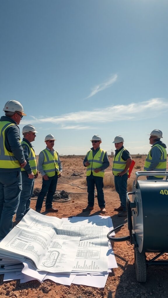 A group of environmental engineers discussing the remediation plan at a contaminated site, with blueprints and equipment in the foreground under a clear Australian sky.
