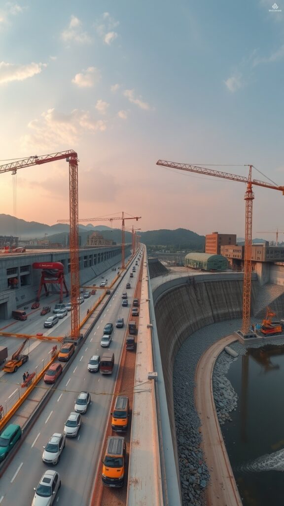 A close-up of advanced structural engineering tools and technology being used to assess a bridge, with experts analyzing data on screens.