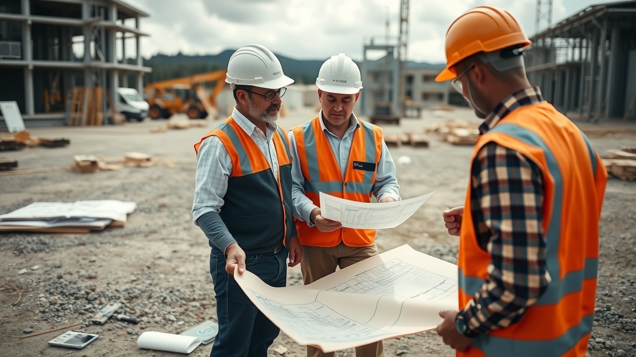 An image capturing a team of engineers discussing plans over blueprints on a construction site in Moruya, with various building materials visible in the background.