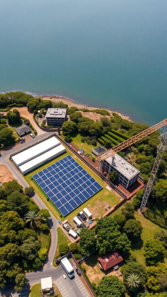 An aerial shot of a solar panel installation next to a civil engineering site, with lush greenery and waterfront visible, emphasizing eco-friendly technology.